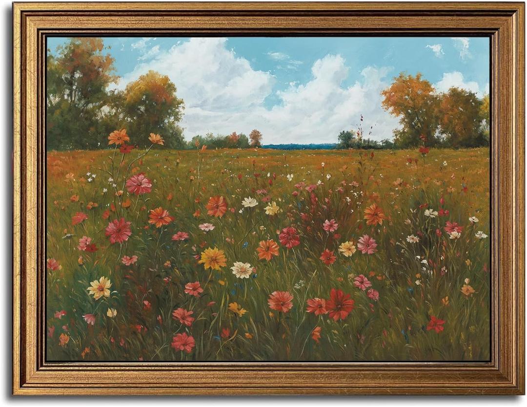 Gold Framed Wall Art Vintage Floral Canvas Wall Art Floral Countryside Blooming Wildflowers Artwork Prints Picture for Living Room Bedroom Farmhouse Bathroom Office Decor, 16x24