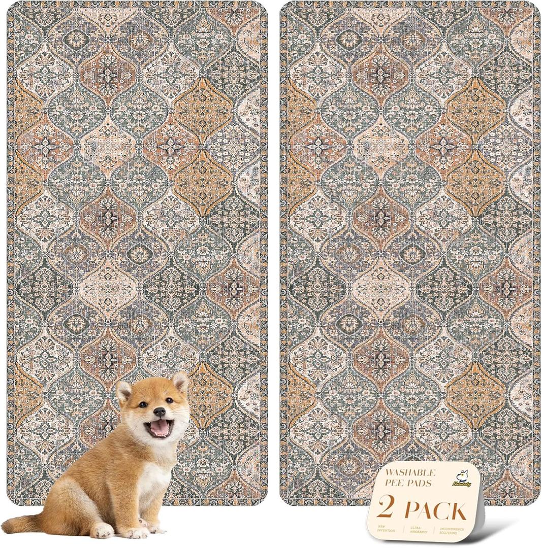 nunubaby Washable Pee Pads for Dogs, Stylish, Non-Slip and Leak-Proof Pee Pads. Reusable Potty Pads for Dogs for Crates and Floors.(Brown/Multi, 24" x48" )