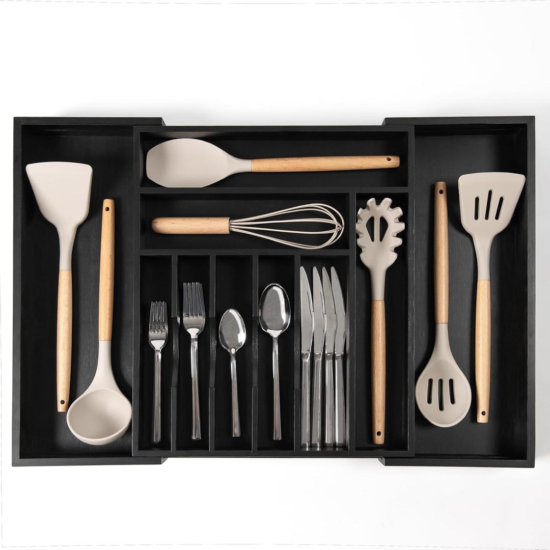 Premium Silverware, Flatware and Utensil Organizer for Kitchen Drawers, Food-Safe Contract Grade, Expandable from 14.5 to 25 In, Black Bamboo (De 35 cm  63 cm noir)