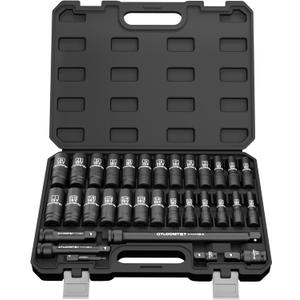 32PCS 1/2" Drive Impact Socket Set - Heavy Duty Industrial-Grade Deep Sockets, Metric/SAE Full Set with Extension Bar, Cr-V Steel Corrosion-Resistant Coating & Premium Storage Case