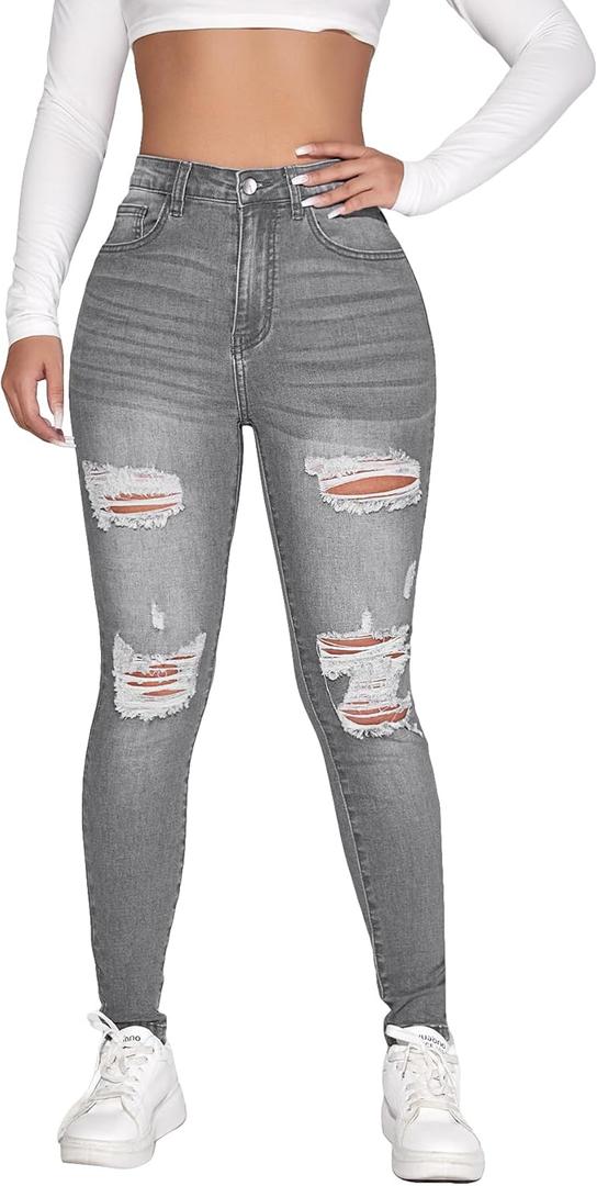 SweatyRocks Women's Casual High Rise Ripped Jeans Zipper Fly Skinny Denim Pants (Medium, Light Grey)