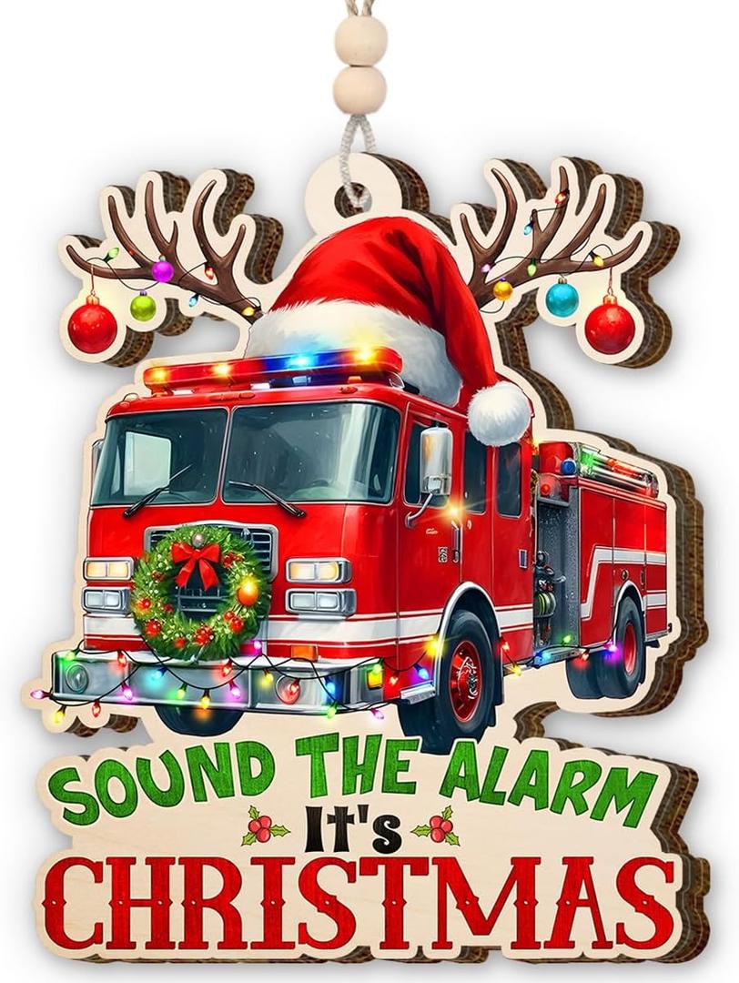 Fire Truck Christmas Ornament 2025 - Firefighter Ornament for Men Kid Friend, Fire Truck Gifts for Firefighter, Wooden Christmas Ornaments for Tree Decor - Holiday Keepsake & Xmas Gift Exchange Idea
