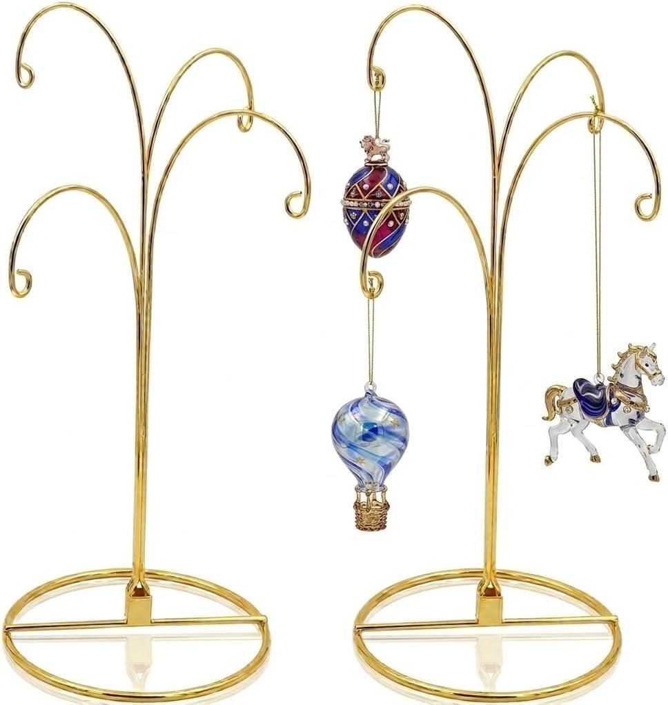 HOHIYA Ornament Display Stand 12 Inch 4-Arm Metal Holder for Christmas Ornaments Glass and Crystal Ball Decorations Art Craft Hanging Hanger Brass Gold 2 Pack