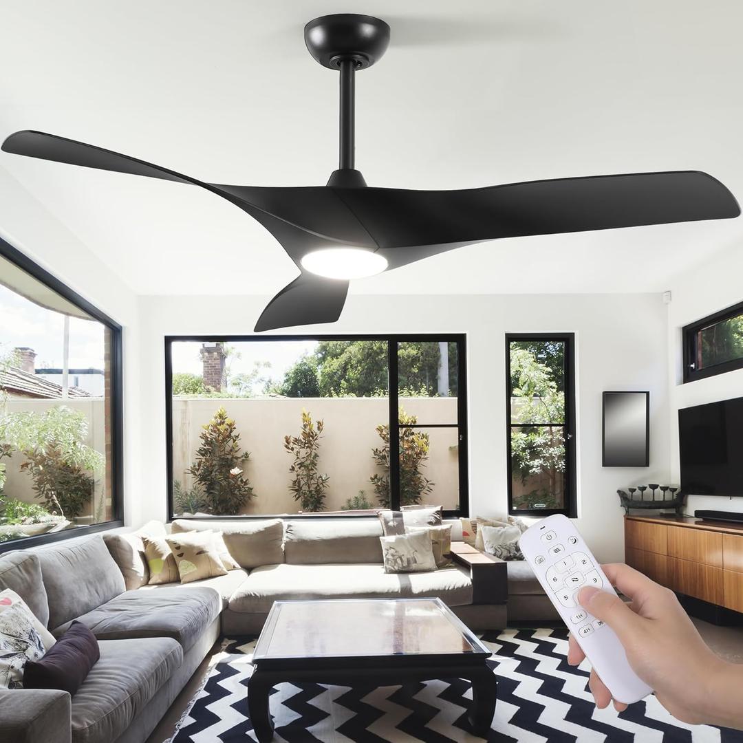 DWVO Ceiling Fan with Light, 52" Ceiling Fan with Remote, LED Tri-Color Temperature, 3 Blade Ceiling Fans Reversible 6 Speeds w/Quiet DC Motor for Bedroom, Living Room, Dining Room, Patio (Black)
