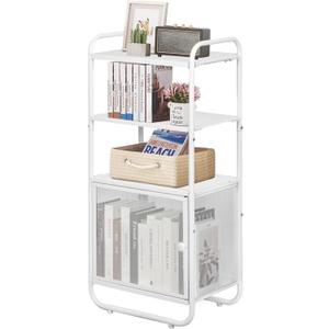LOFTEY White Bookshelf, 4 Tier Metal Bookshelf, Narrow Bookcase with Door, Small Book Shelf Organizer for Office, Living Room, Bedroom, Kitchen