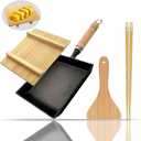 Tamagoyaki Japanese Omelette Pan Cast Iron with Wooden Lid, Square Japanese Egg Pan, Rectangle Tamago Pan with Spatula & Chopsticks 7 x 6 (Black)