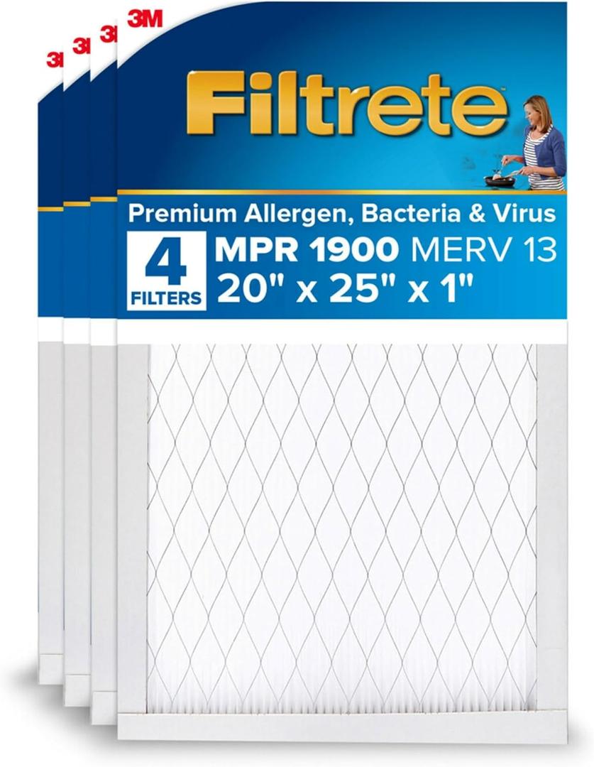 Filtrete 20x25x1 AC Furnace Air Filter, MERV 13, MPR 1900, Premium Allergen, Bacteria & Virus Filter, 3-Month Pleated 1-Inch Electrostatic Air Cleaning Filter, 4-Pack (Actual Size 19.69x24.69x0.78 in) (White)