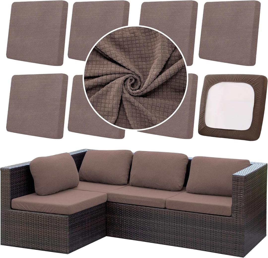 8Pcs Outdoor Cushion Covers, Patio Cushion Covers, Stretch Elastic Slipcovers, Replacement Washable & Reusable Furniture Protector for Patio Couch, Thick Jacquard Fabric (Camel, Cover Only)