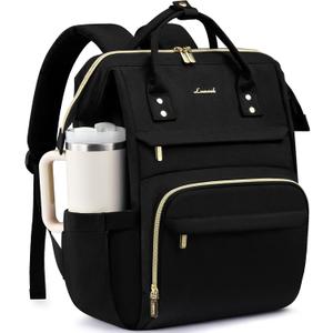 LOVEVOOK Laptop Backpack for Women with Giant Tumbler Holder Pocket,15.6 inch Waterproof Travel Backpack Purse Computer Laptop Bag,Professional Work College Nurse Teacher Backpack Casual Daypack,Black