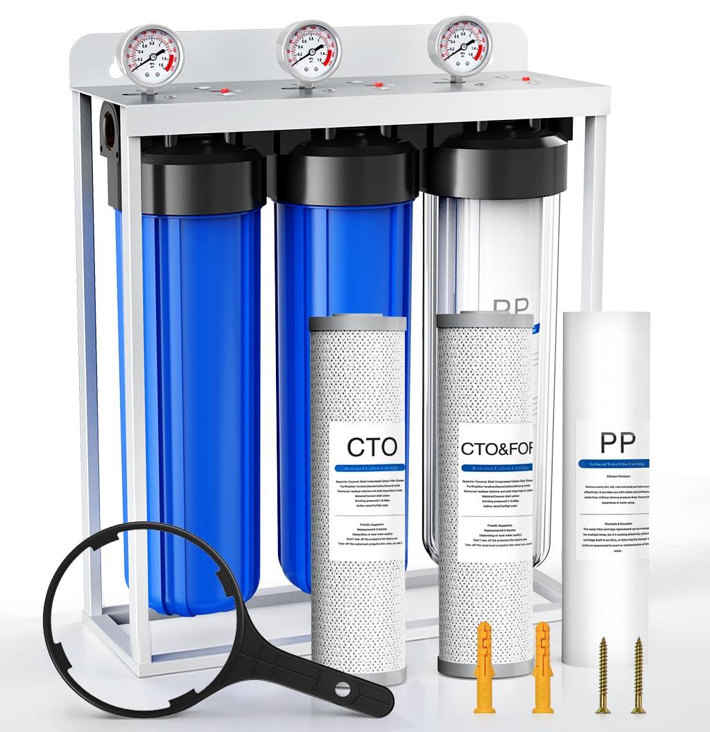 Whole House Water Filter System,Reduce Scale Chlorine,3 Stage Water Purifier,Top-Tier Sediment & Carbon Filter with FOF Technology Filter Out 99% Vocs,Metal,Soften Water,Healthier Skin,20x4.5Inch