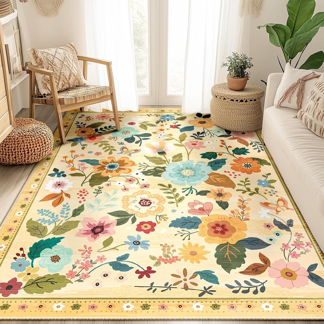 Floral 5x7 Area Rug Machine Washable Boho Carpet Non Slip Doormat Low Pile Flower Area Rugs for Living Room Bedroom Kitchen Dining Room Hallway Entryway Indoor-Ivory/Yellow