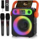 Karaoke Machine with Two Wireless Microphones, Portable Karaoke Machine for Adults & Kids, Bluetooth Speaker with Bass/Treble Adjustment, PA System, LED Lights, Supports TF/USB, AUX in, FM, REC, TWS (Black)