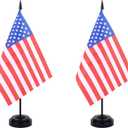 USA Desk Flag 12" Solid Pole Deluxe Set American Flags Banner Mini Small US Office Table Flags with Black Stand Base Desktop Decorations(2Pack)