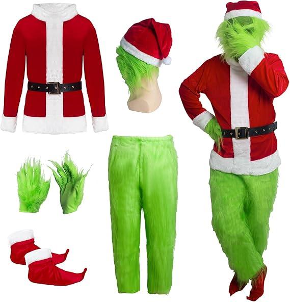Green Monster Santa Claus Costumes for Men,Christmas Furry Santa Claus Costume Include Mask for Halloween Cosplay
(XL)