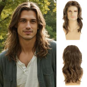 Mens Long Wavy Brown Wig Natural Layered Synthetic Halloween Cosplay Hair Wig