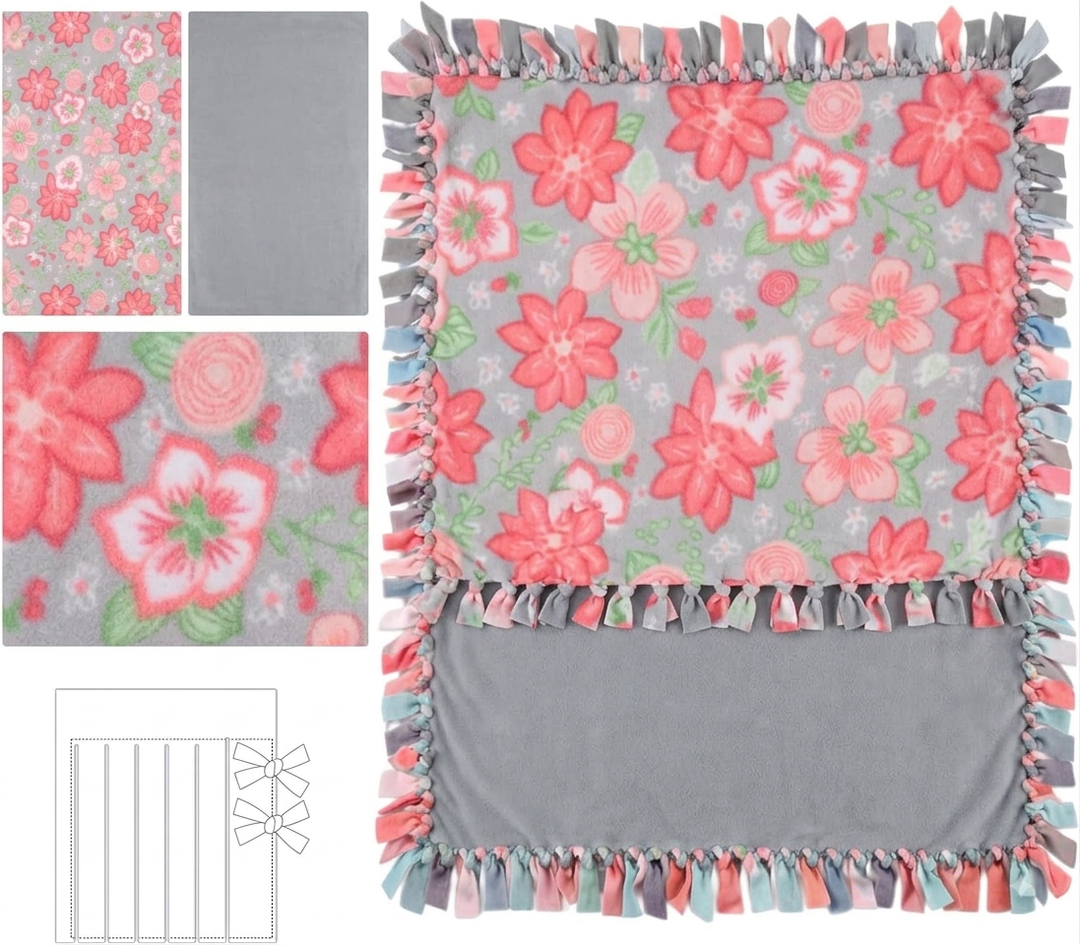 Chumia 1 Pc DIY Tie Blankets Fleece Kit No Sew Blanket Kit Include 50x60 Inch Pink Flowers No Sew Fleece Fabric and Ruler Template DIY Throw Making for Bed Couch