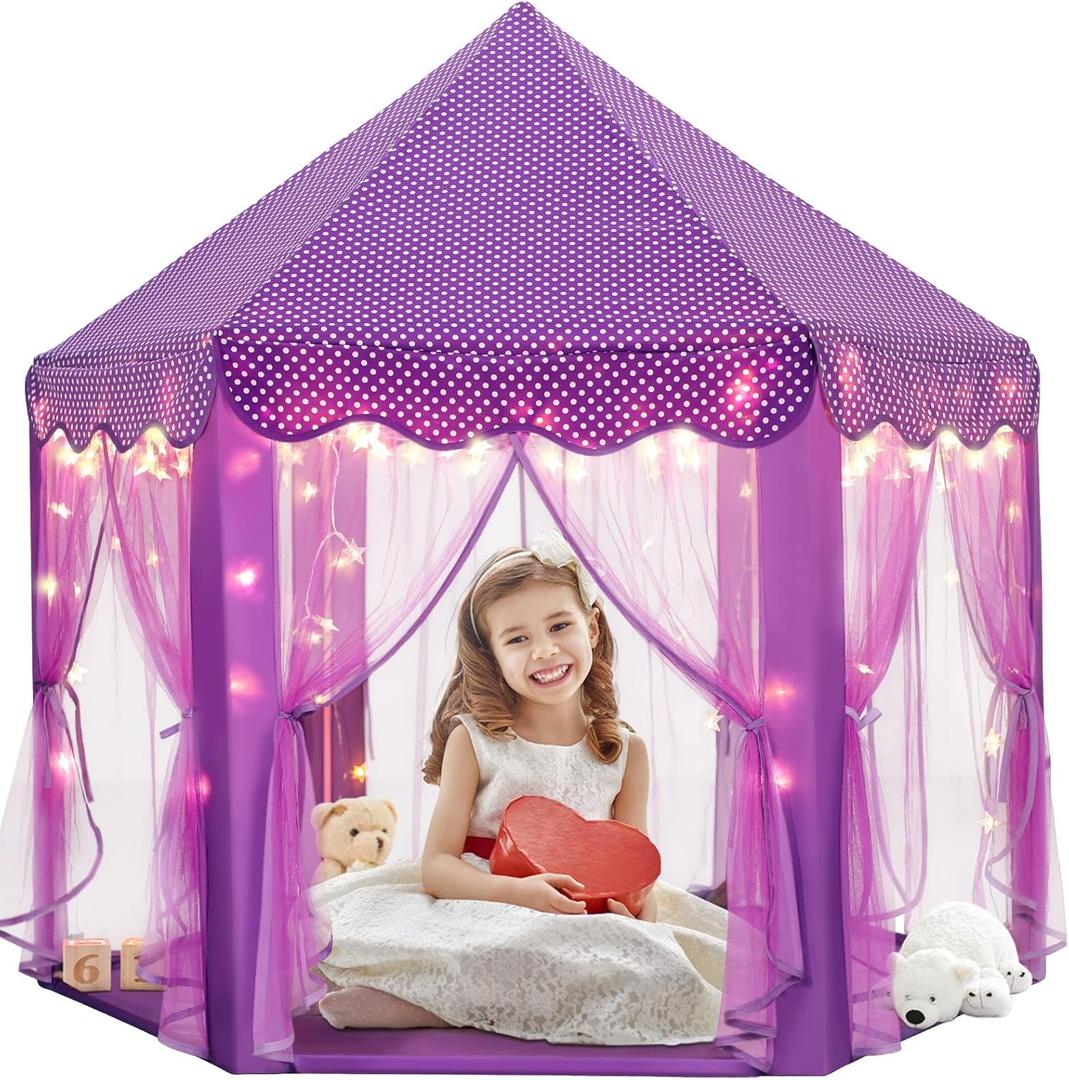 Purple Princess Castle Tent for Girls with Fairy Star Lights Play Tents for Kids Hexagon Playhouse Fairy Toys for Children or Toddlers Indoor or Outdoor Games, Purple