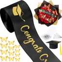 Zeyune 114 Pcs 2026 DIY Graduation Bouquet Set Black Ribbon with Glitter Gold Congrats Grad Mini Graduation Caps with Tassel Gold Butterfly Decor Diamond Pins for Graduate DIY Flower Gift