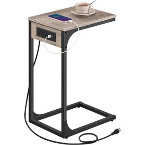 VASAGLE C-Shaped Side Table, End Table with Charging Station, C Table for Couch, Sofa, Adjustable Feet, for Bedroom, Living Room, 2 USB Ports and Outlets, Heather Greige ULET362K02