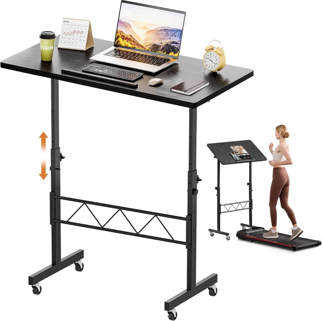 COMHOMA Small Standing Desk Adjustable Height & Tiltable Tabletop, Mobile Stand Up Desk for Laptop, Portable Computer Table for Home Office Work and Walking Pad Treadmill, Height 30.7"-46.4", Black (31.5 IN)
