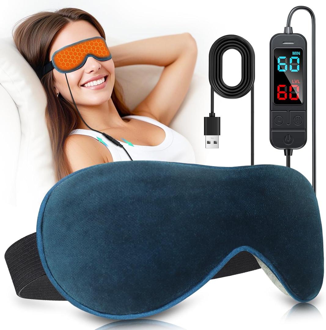 Heated Eye Mask for Dry Eyes, Stye & Migraines Relief - USB Electric Warm Compress with 20 Temp/Time Settings, Washable Flaxseed Cover for MGD, Blepharitis & Eye Strain (Blue)