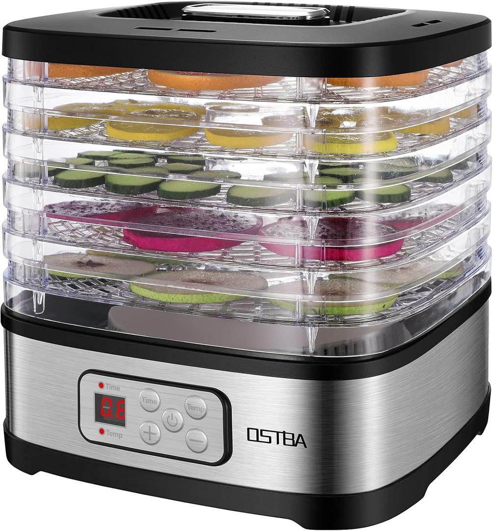 OSTBA Food Dehydrator Machine Adjustable Temperature & 72H Timer, 5-Tray Dehydrators for Food and Jerky, Fruit, Dog Treats, Herbs, Snacks, LED Display, 240W Electric Food Dryer, Recipe Book (5 BPA-Free Trays)