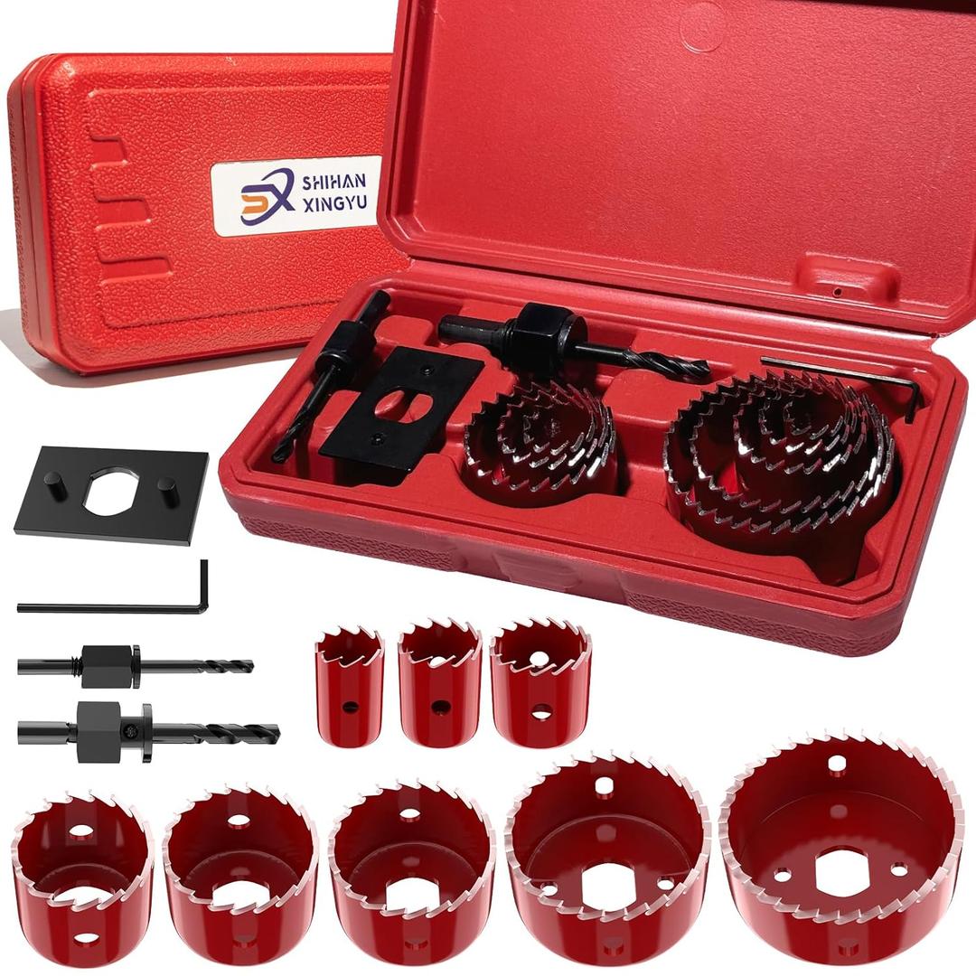 12-Piece Hole Saw Kit, Includes 8 Sizes (3/4" to 2-1/2"), Arbors, Drill Bits, and Hex Key, Ideal for Softwood, Plywood, and PVC(RED)