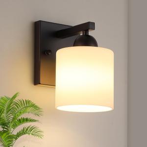 Matte Black Milk Glass Wall Sconces, 1 Pack Hardwired Indoor Wall Light Fixtures for Living Room, Hallway, Bedroom, Ceramic E26 Sockets (Bulbs Not Included)