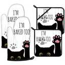 Funny Black Cat Oven Mitts and Pot Holders Sets Heat Resistant 4Pcs Potholders Oven Gloves Hot Pads for Kitchen Baking Cooking Grilling BBQ