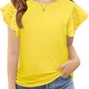 ZDC Girls Ruffle Sleeve T Shirts Summer Crewneck Eyelet Tee Short Sleeve Tops Casual Cute Blouse  (Yellow, L)