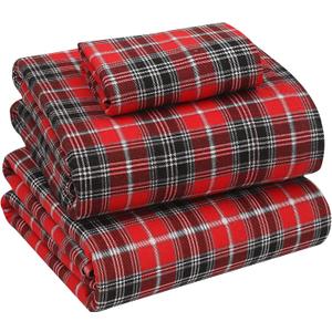 RUVANTI Flannel Sheets Twin Size - 100% Cotton Double Brushed Twin Sheets Set, Deep Pockets 16 Inches, All Seasons Breathable & Extra Soft Bed Sheets, Warm & Cozy, 3 Piece, Red Plaid