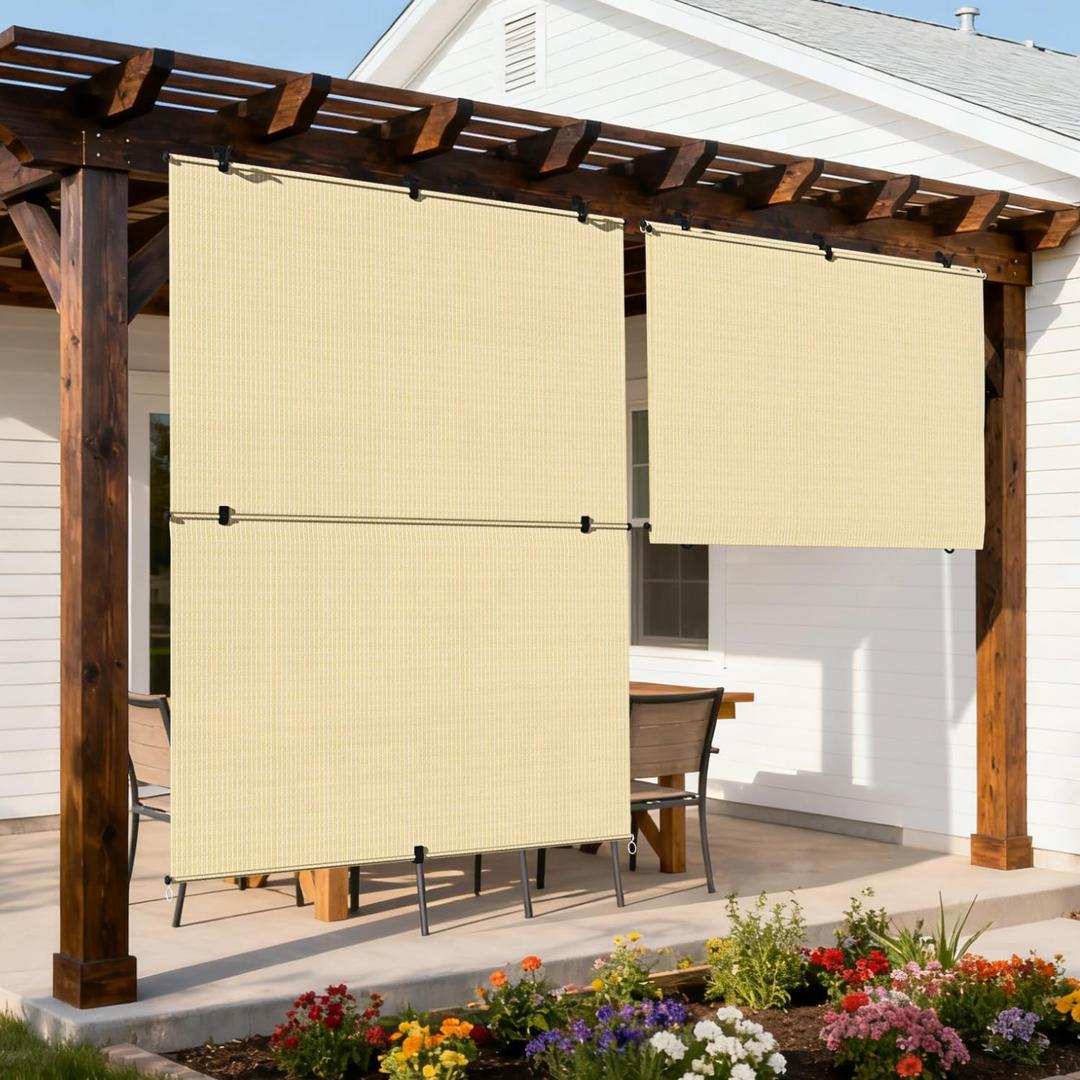 Outdoor Roller Shade 5'W x 6'H Cordless Shades Roll Up, Folding Exterior Patio Blinds, Blackout Sunshades Curtains for Outside Porch Screens, Apartment Balcony, Pergola (Beige), 60"W x 72"H