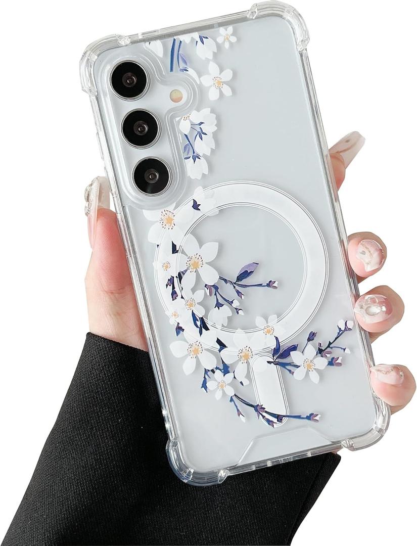 DEFBSC Magnetic Case for Samsung Galaxy S24 FE [Work with Magsafe] Clear Floral Flower Pattern Print Design Flexible Acrylic Shockproof Cover Flower Protective Phone Case, White Pear Blossom