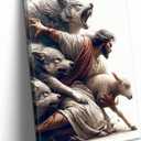 MALEDO Jesus and Lamb Canvas Wall Art Jesus Saves the Lost Sheep Christian Picture Wall Decor Shepherd Protect a Lamb from Wolves Painting Poster Print Artwork for Living Room Bedroom Church Decor (24L''x16W'')