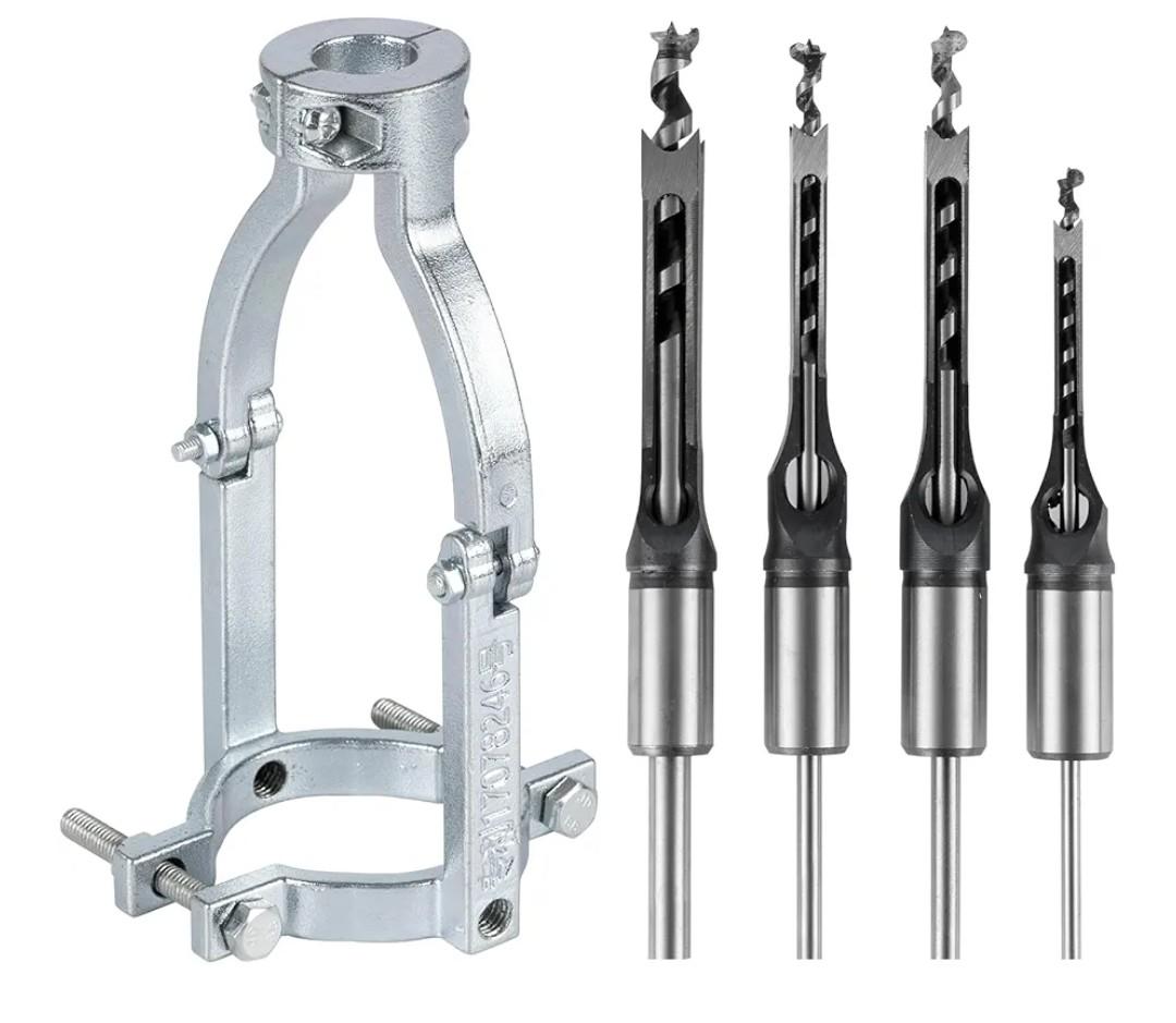 Square Hole Drill Bit Adapter with 4pcs Square Hole Drill Bit, Mortising Attachment for Drill Press, Mortise Machine, Power Tool Accessory for Drill Machines