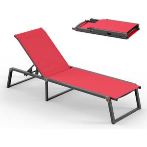 Aluminum Chaise Lounge Chair Outdoor, Foldable& No Assembly Patio Pool Lounge Chairs 5-Position Recliner for Outside, Fully Grounded Legs Sun Lounger for Poolside, Red