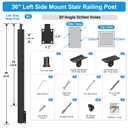 36" Side Mount Stair Railing Post, Stainless Steel Left Side 25-35 Degrees Stair Post w/Cable Grommets, Space-Saving Fascia Mount Deck Stair Railing System, 1/8" Black Cable Railing Kit, RG72