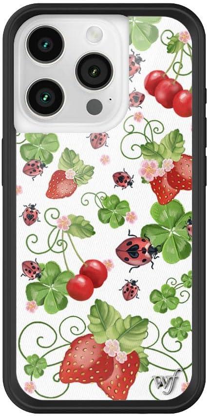 Wildflower Cases - Bugs n Berries Case, Compatible with Apple iPhone 15 Pro | White, Berries, Red, Ladybugs, Trendy - Protective Black Bumper, 4ft Drop Test Certified, Women Owned Small Business