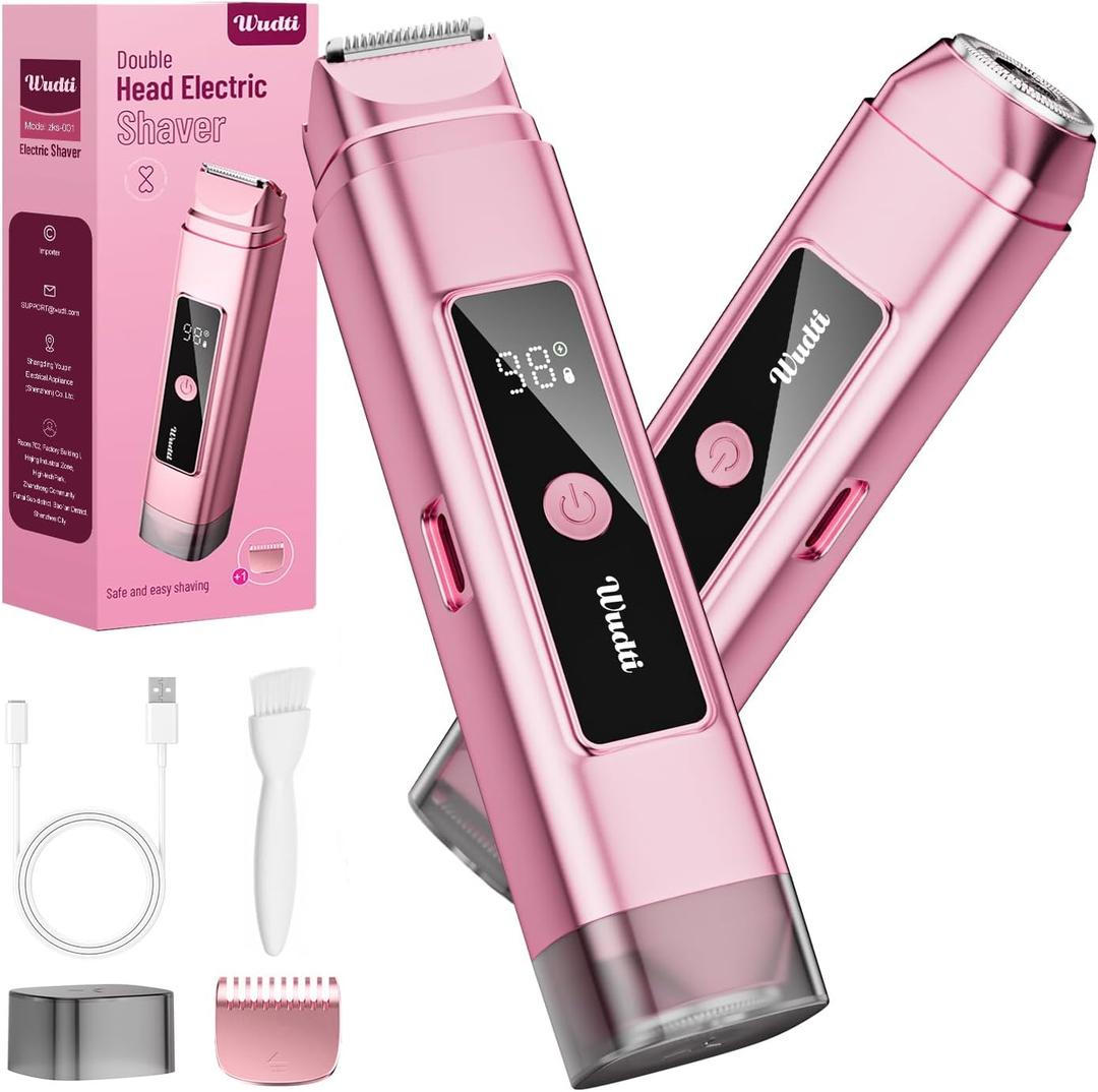 Bikini Trimmer for Women: Electric Razor & Shaver with Dual Heads for Body Pubic Hair, IPX7 Waterproof with LED Display - Rechargeable Lady Trimmer for Bikini Underarm Body Leg Face - Millennial Pink