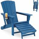 Polyhouz Folding Adirondack Chair with Retractable Ottoman,HDPE Outdoor Adirondack Chair with Cup Holder,All-Weather Lounge Chairs for Outside,Patio,Pool,Fire Pit,Blue