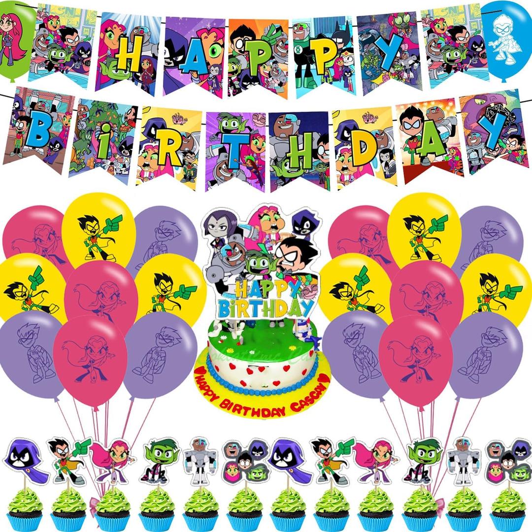 Cartoon Party Decorations, Birthday Party Supplies Includes Banner- Cake Topper - 24 Cupcake Toppers - 18 Balloons
