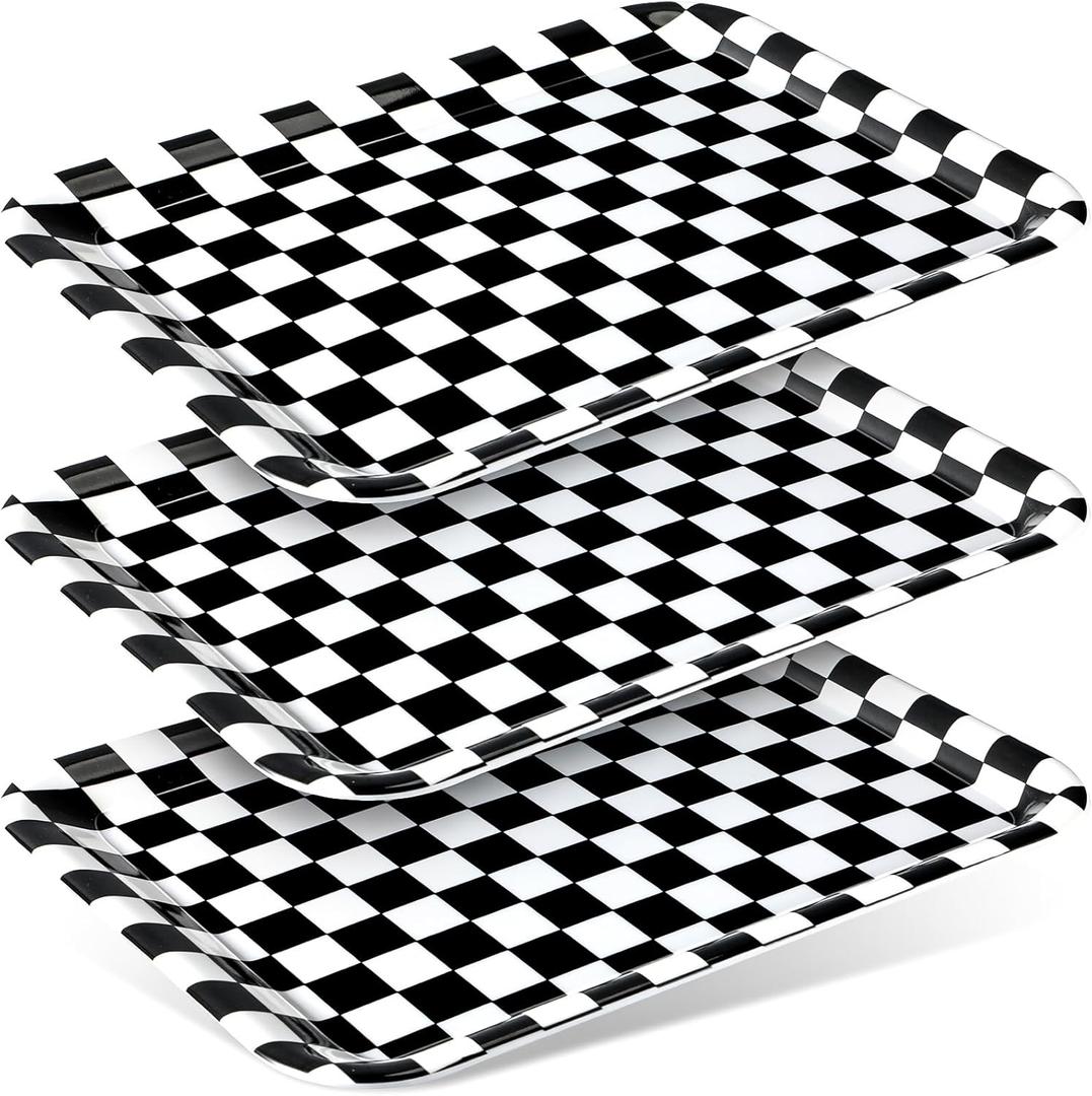 Zubebe 3 Pcs 13 x 10 Inch Checkered Serving Tray Black and White Serving Pieces Race Car Trays Rectangle Checker Plate Plaid Dishes Food Platter for Birthday Party