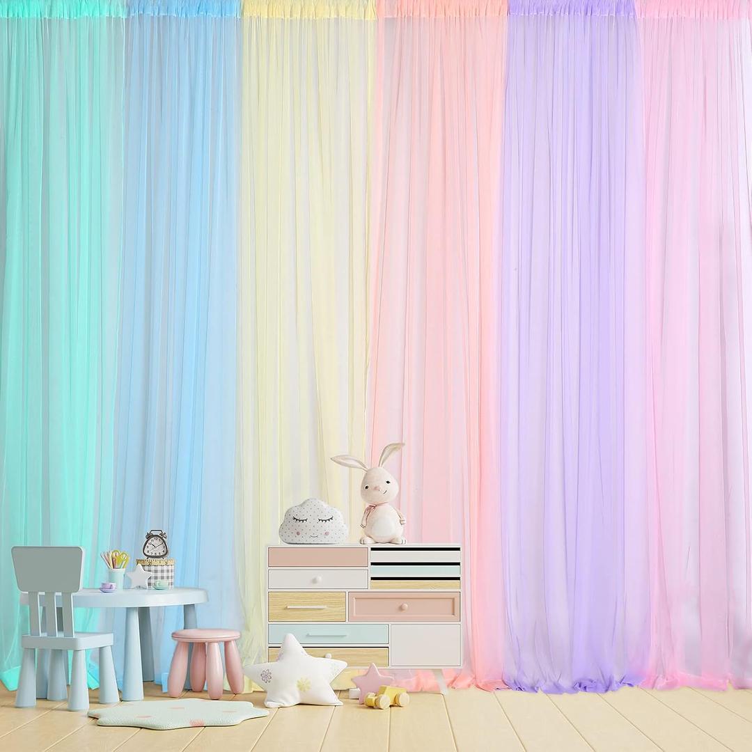 Tatuo Pastel Rainbow Backdrop Curtains Sheer Curtain Tulle Panels for Kid Unicorn Baby Birthday Party Window Classroom Decorations 6 Panels(354 Inch/ 30 Feet in Total Width,Bright Color)