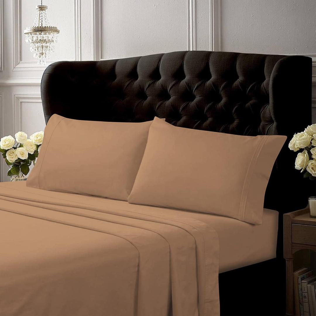Tribeca Living Full Sheet Set - 300 Thread Count Cotton Percale for Crisp Breathable Comfort - Extra Deep Pocket Luxury Bedding with 22 Inch Fit in Coffee