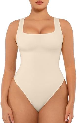 FeelinGirl Bodysuits for Women Seamless Square Neck Tummy Control Compression Thong Shapewear Bodysuit Tank Tops Bodysuit XL/XXL