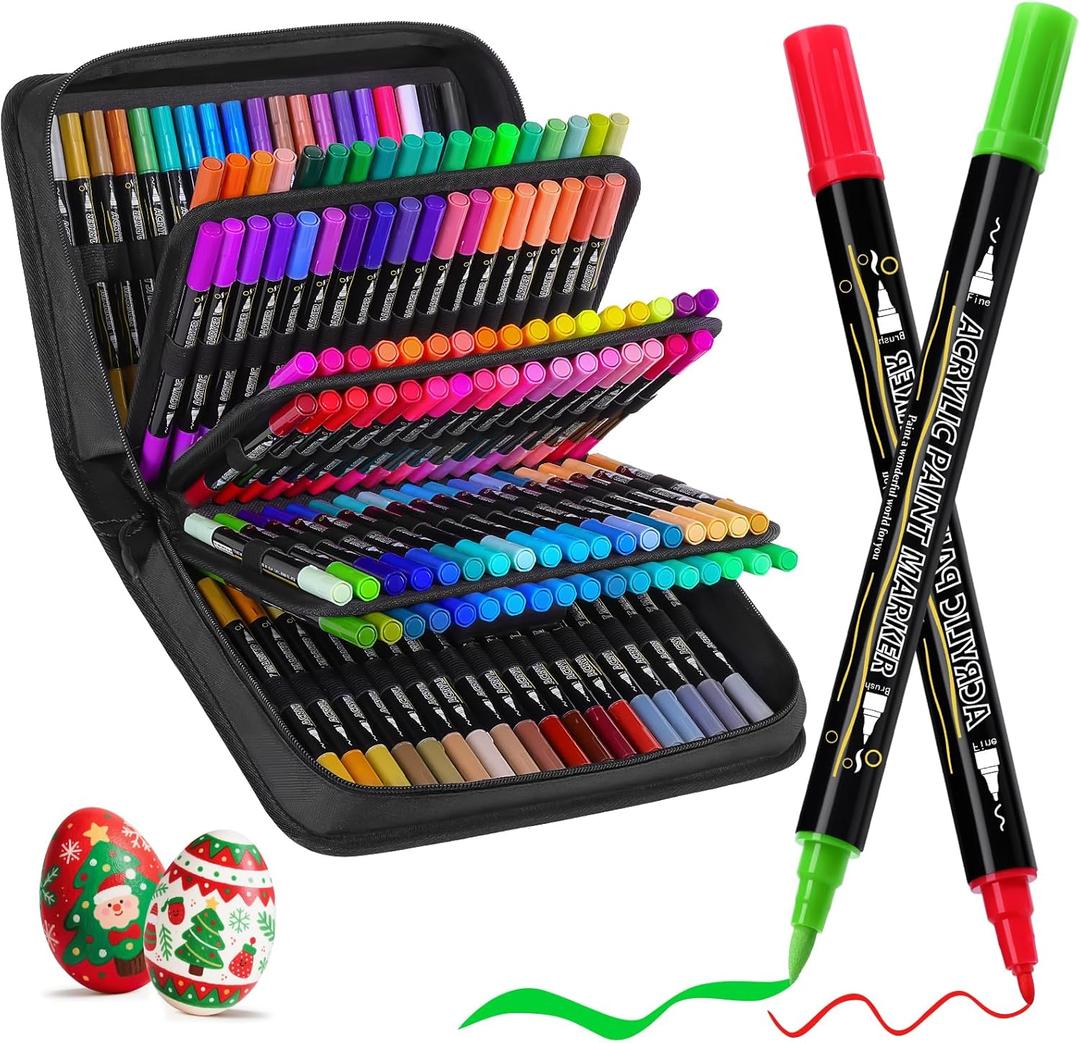 Tongfushop 144 Colors Acrylic Paint Markers, Dual Brush & Fine Tip Fast-Dry Permanent paint pens for Rock Wood Glass Canvas - Professional Multi-Surface Art Supplies with Case