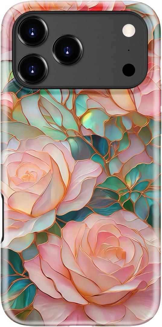 for iPhone 17 Pro Max Case Cute - Wireless Charging Compatible - Dual-Layer Hard Shell + Silicone Cover - Aesthetic Protective Trendy Phone Case for Women - Blooming Pink Rose