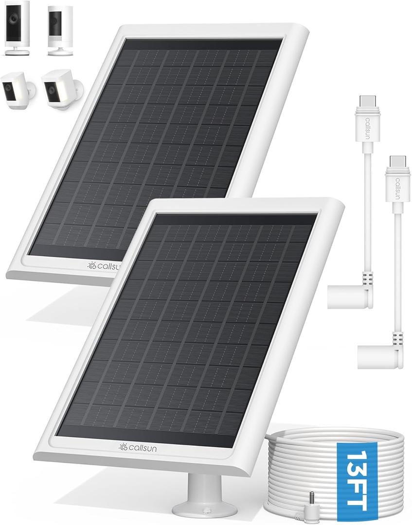 Solar Panel for Ring Camera, Compatible with Ring Stick Up Cam Battery/Pro & Spotlight Cam Battery/Plus/Pro, 6W Solar Charger with 13FT Cable, IP68 Waterproof, USB-C & DC 2Pack (White)