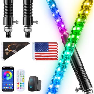 Ehaho 2 PCS 3FT Whip Lights with Spring Base, APP & Remote Control Led Whip Lights for Side by Side, Spiral RGB Chasing Lighted Whips with Rocker Switch, Music Led Whips for UTV ATV RZR SXS Can-Am