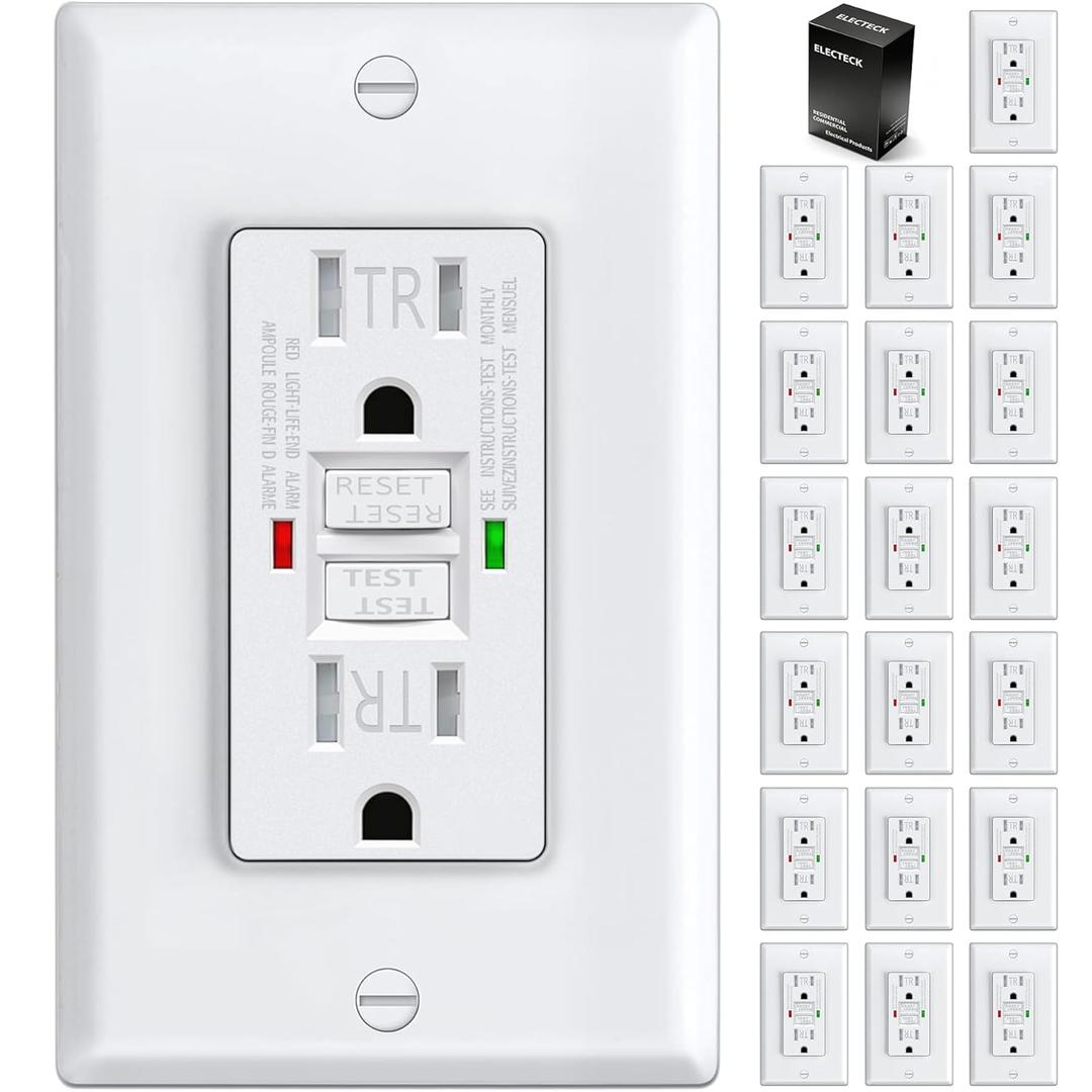 ELECTECK 20 Pack GFCI Outlets 15 Amp, Tamper Resistant (TR), Self-Test GFI Receptacles with LED Indicator, Ground Fault Circuit Interrupter, Decor Wallplate Included, UL Listed, White